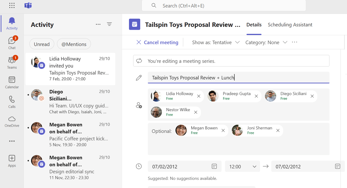 A screenshot of a meeting being arranged in Microsoft Teams