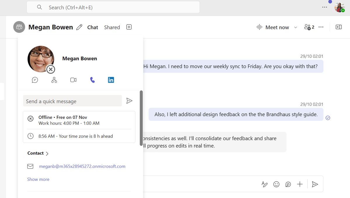 A screenshot of a conversation in Microsoft Teams with a biographical pop-up