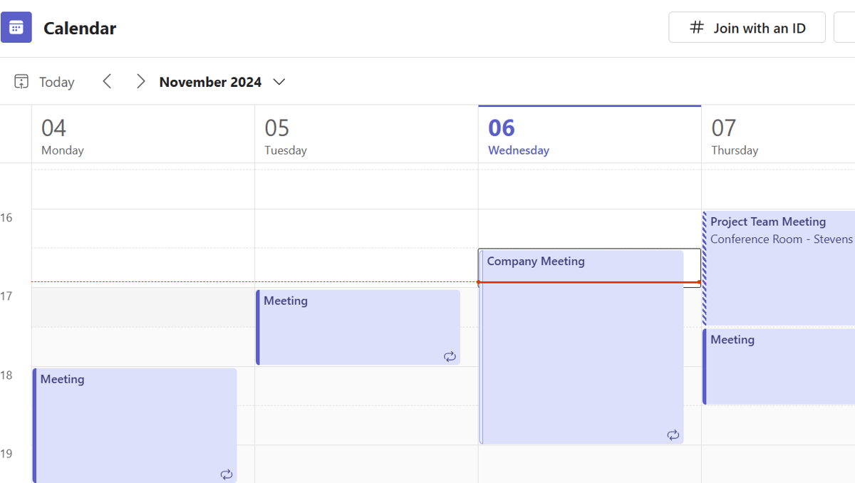 A screenshot of a calendar in Microsoft Teams