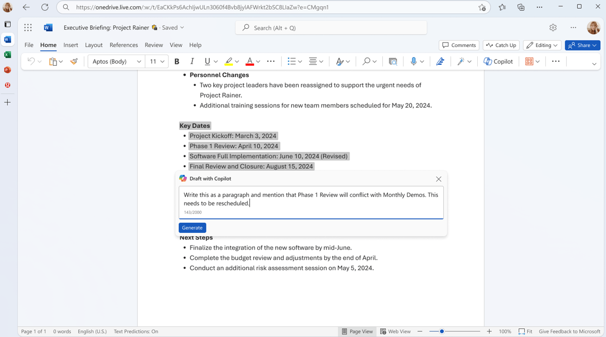 Screenshot of Microsoft Copilot being prompted to rewrite notes in Microsoft Word